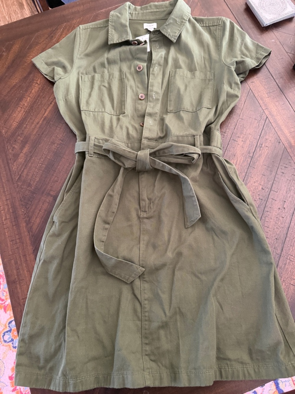 J. Crew Olive Green Short-Sleeve Shirt Dress with Waist Tie